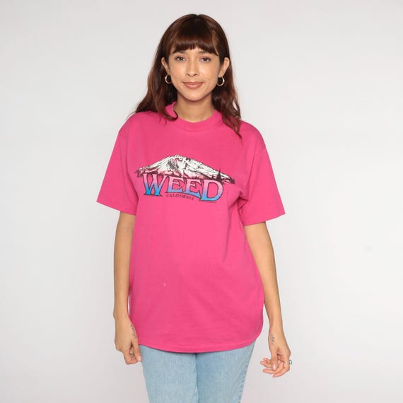 Weed California Mountain T-Shirt 80s Hot Pink Graphic Crew Neck Short Sleeve Vintage Souvenir Location Tourist Style Neon Top Travel Large L
