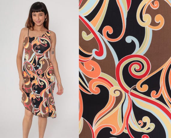 Y2K Asymmetrical Dress California Grown Brown Red Orange Swirl