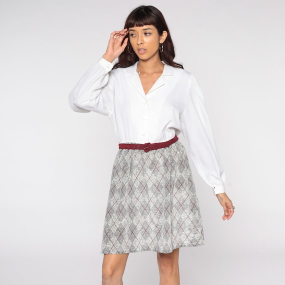 Plaid Mini Dress 80s PUFF Sleeve Dress Mini Puffy High Waisted Preppy button up Secretary Vintage White Grey Checkered Minidress Medium