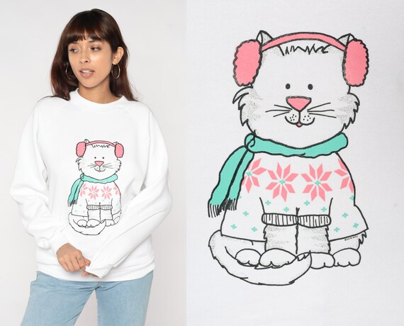 Winter Cat Sweatshirt 90s Front Back Print Shirt Cute Kitty Graphic Animal Sweater Kitten Raglan Sleeve White Vintage 1990s Jerzees Large L