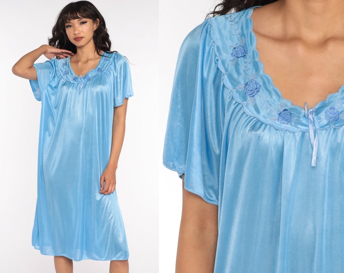 Blue Nightgown Slip Dress 80s Midi Lace Nightgown Boho Lingerie Vintage