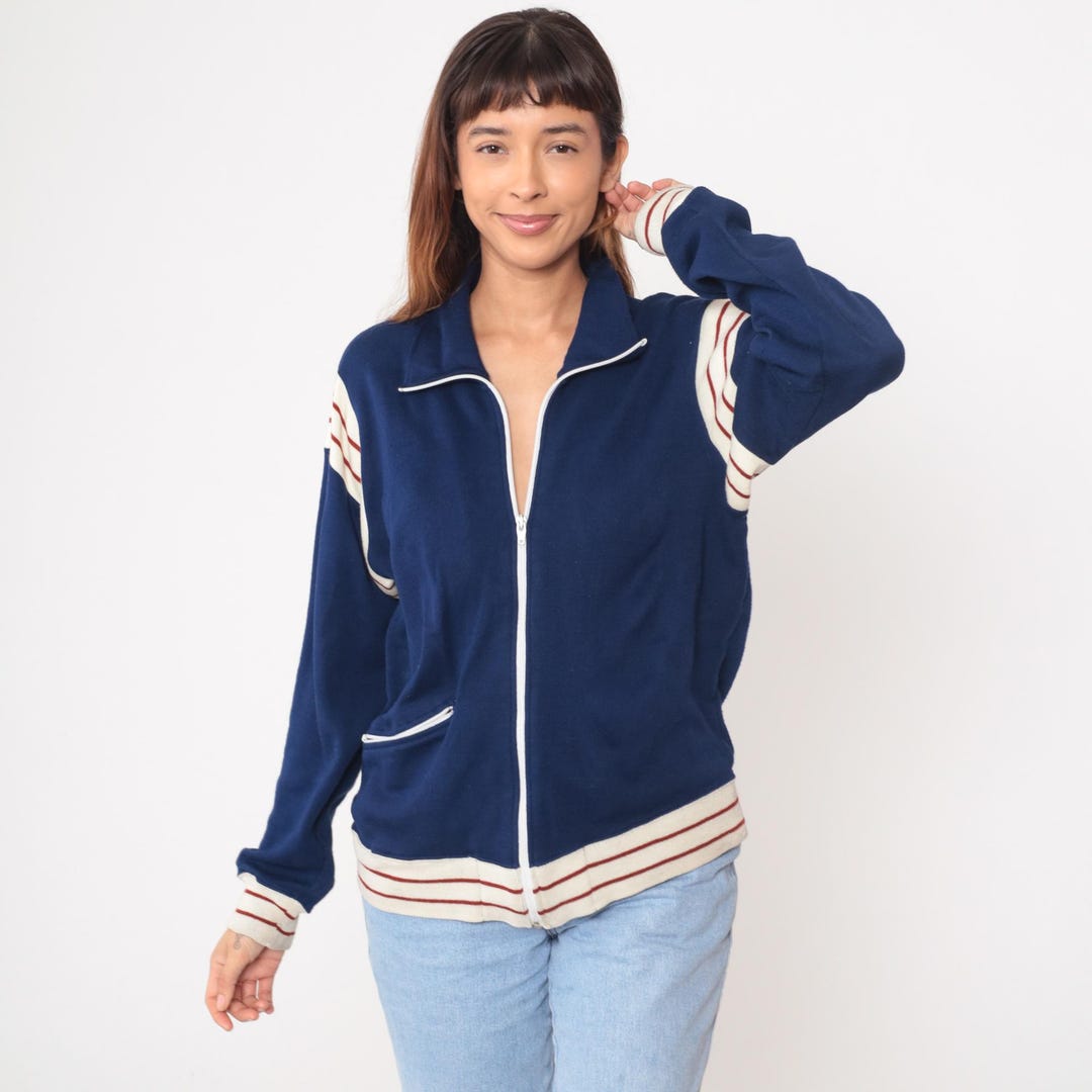 トップス 80s  Track Jacket 180 Navy 80s Track Jacket Navy Blue Red White Stripe Zip up Vintage Warm up