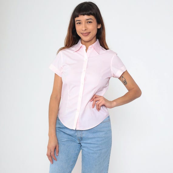 90s Baby Pink Blouse Brooks Brothers Button Up Shirt Retro Plain Simple Short Sleeve Cotton Top Pastel Casual Vintage 1990s 2P XS Petite