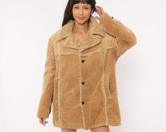 70s Sherpa Lined Corduroy Coat Tan Camel Button Front Jacket Sand Fleece Trim JCPenney Warm Winter Western Rancher Vintage Mens Medium M