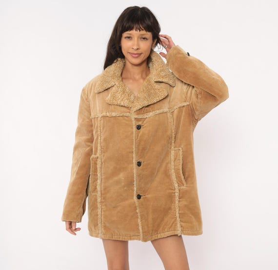 70s Sherpa Lined Corduroy Coat Tan Camel Button Front Jacket Sand Fleece Trim JCPenney Warm Winter Western Rancher Vintage Mens Medium M