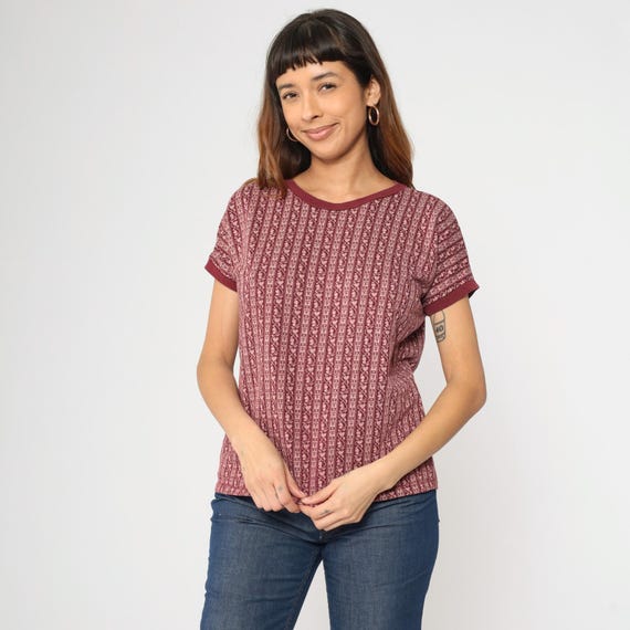 Vintage Folk Stripe Shirt 70s 80s Maroon Pink Knit Heart Floral Ringer Tee Scandinavian Geometric Short Sleeve Top Boho 1970s Large L