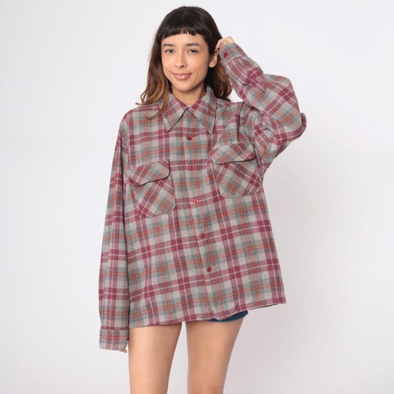 Wool Plaid Flannel 70s Shirt Long Sleeve Burgundy Red Gray White Chest Pockets Grunge Vintage Camping Lumberjack Hiking Woodsy Extra Large