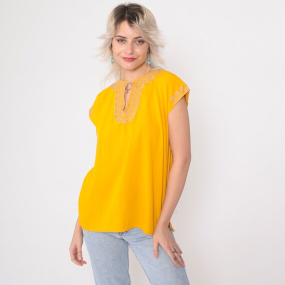 Embroidered Tunic Top Warm Yellow Shirt 90s Hippie Blouse Bohemian Festival Boho Top 1990s Keyhole V Neck Short Sleeve Small S