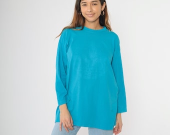 Vintage 90s Hollywood T-Shirt Turquoise Embossed Los Angeles Tee 1990s California Tshirt Palm Tree Graphic Long Sleeve LA Extra Large xl