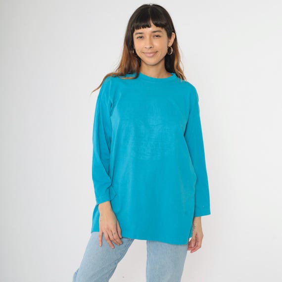 Vintage 90s Hollywood T-Shirt Turquoise Embossed Los Angeles Tee 1990s California Tshirt Palm Tree Graphic Long Sleeve LA Extra Large xl