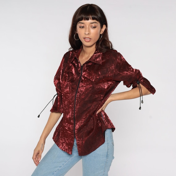 Shiny Red Jacket Shirt Zip Up 90s Top Vintage Iridescent Jacket Drawstring Retro 1990s Lightweight Zipper Front Long Sleeve Medium