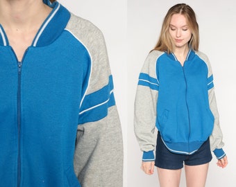 80er Jahre Trainingsjacke blau gestreift RAGLAN Ärmel Reißverschluss Sweatshirt grau Warmup 1980er Jahre Trainingsjacke Athletisch Sport Vintage Herren Medium