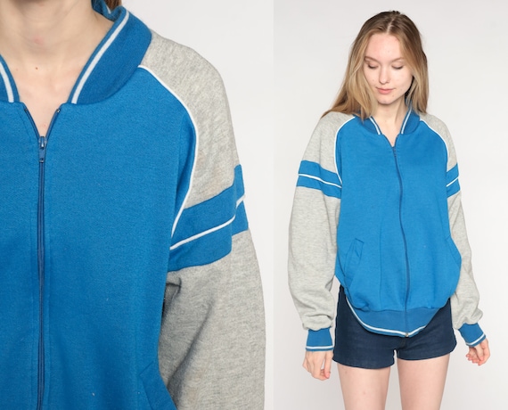 80s Track Jacket Blue Striped RAGLAN Sleeve Zip Up Sweatshirt Grey Warmup 1980s Warm Up Jacket Athletic Sports Vintage Men's Medium