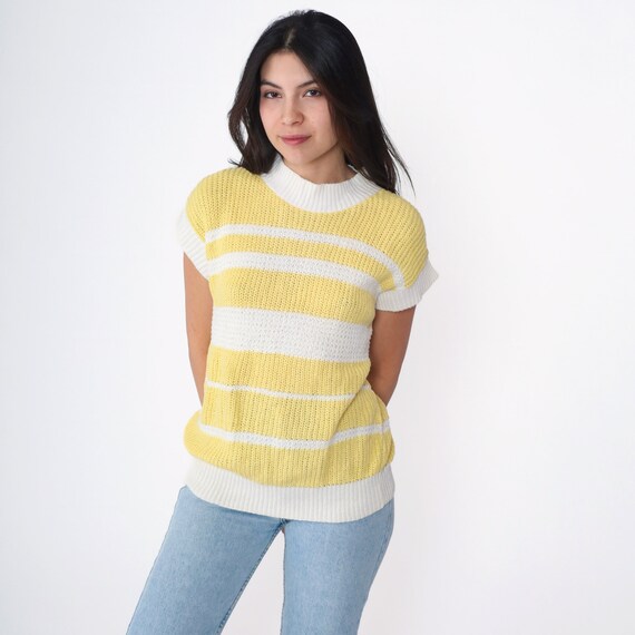 80s Knit Shirt Yellow White Striped Knit Shirt Sweater Top Mock Neck 1980s Retro Vintage Short Sleeve Boho Cotton Knit Shirt Small