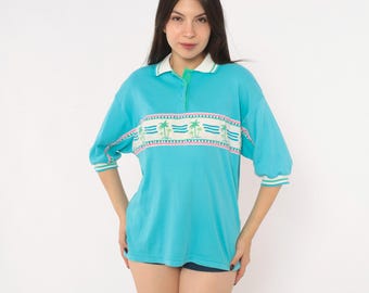 90s Palm Tree Polo Shirt Blue Cotton Three Quarter Sleeve Collared Tropical Beach Vacation Top Pink Green Stripe Boxy Summer Preppy Medium M