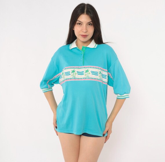 90s Palm Tree Polo Shirt Blue Cotton Three Quarter Sleeve Collared Tropical Beach Vacation Top Pink Green Stripe Boxy Summer Preppy Medium M