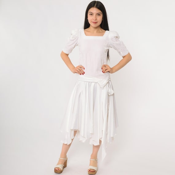80s White Dress Puff Sleeve Square Neck Vintage Romantic Prairie Boho Cottagecore Fairycore Dreamy Ethereal Whimsical Extra Small XS