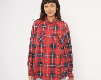 Distressed 90s Grunge Flannel Shirt Red Navy Plaid Dual Chest Pocket Point Collar Lumberjack Checked Blue Crimson Tartan Top Extra Large XL
