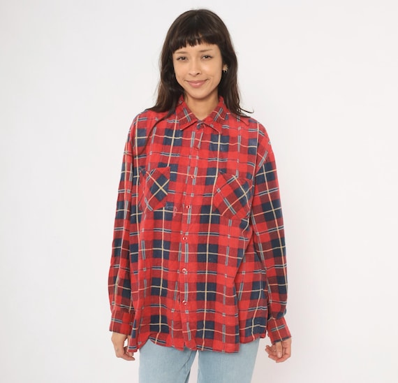 Distressed 90s Grunge Flannel Shirt Red Navy Plaid Dual Chest Pocket Point Collar Lumberjack Checked Blue Crimson Tartan Top Extra Large XL