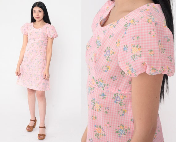 60s Babydoll Dress -- Pink Gingham Floral Mod Min… - image 1