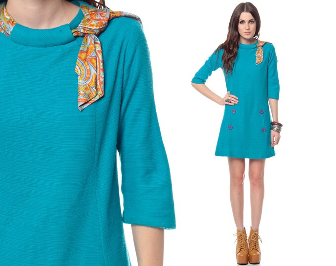 1960s Dress KANGAROO POCKET Mod Mini Ascot 60s Turquoise Blue Etsy