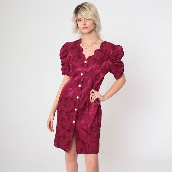 Brocade Mini Dress 80s Burgundy Embossed Floral Pearl Button Up Sheath Dress Short Puff Sleeve Party Dress Retro Vintage 1980s Medium 8