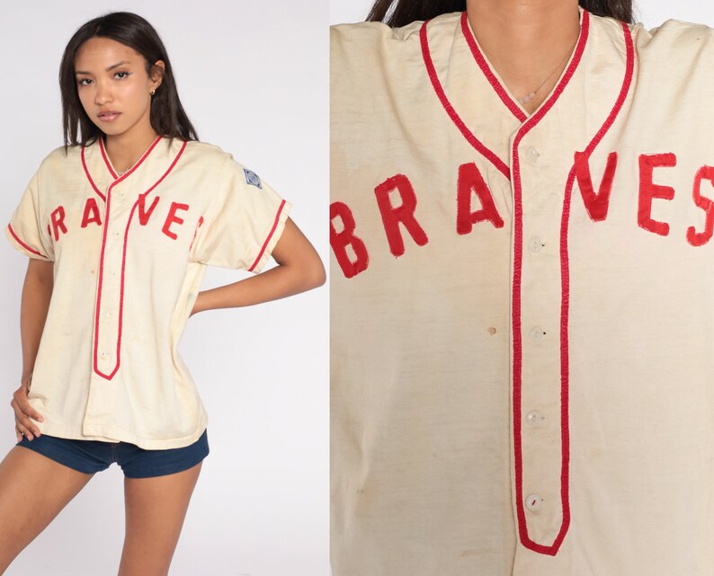 トップス 50s baseball shirt Vintage Braves Jersey 50s Atlanta Baseball Shirt Button Up MLB