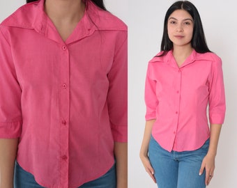 Bright Pink Blouse 70s Button up Shirt Wing Collar Top Retro Basic Plain Preppy Collared Simple Minimalist 3/4 Sleeve Vintage 1970s Small