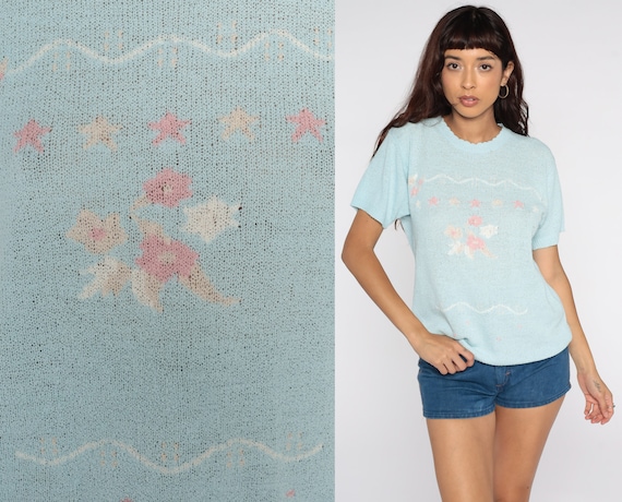 80s Floral Sweater Top Baby Blue Short Sleeve Knit Top Slouchy Pastel Print 1980s Vintage Short Sleeve Retro Slouch Medium