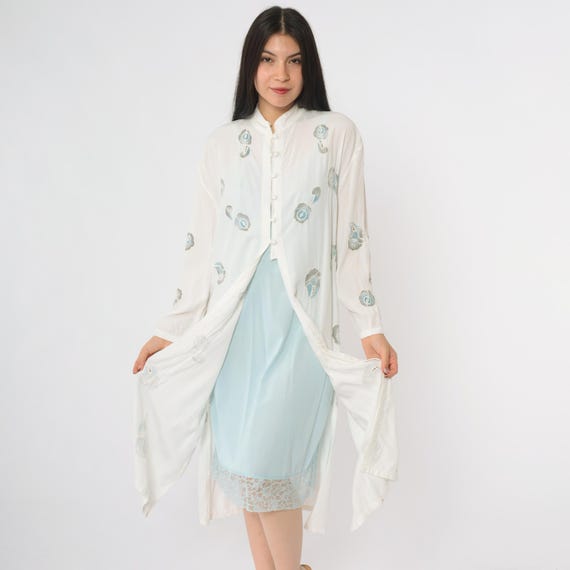 White Kimono 90s Peacock Feather Print Cotton Open Front Long Sleeve Vintage Midi Length Band Collar Bohemian Chic Romantic Medium Large M L