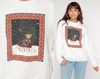 Christmas Bear Sweatshirt 90s Teddy Bear Xmas Sweater Winter Sleigh Graphic Shirt Cute Holiday Teddybear Vintage White 1990s Extra Large xl