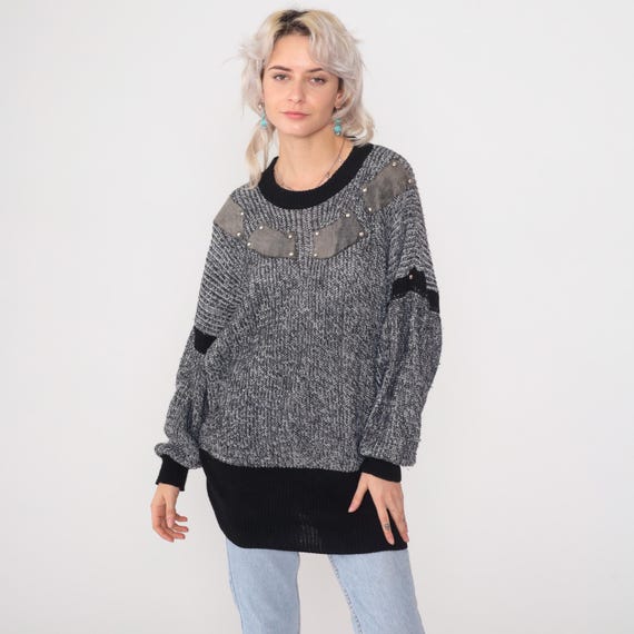 Studded Sweater 80s Gray Black Suede Patch Oversized Chunky Knit New Wave Punk Rock Vintage 1980s Color Block Longline Tunic Pullover