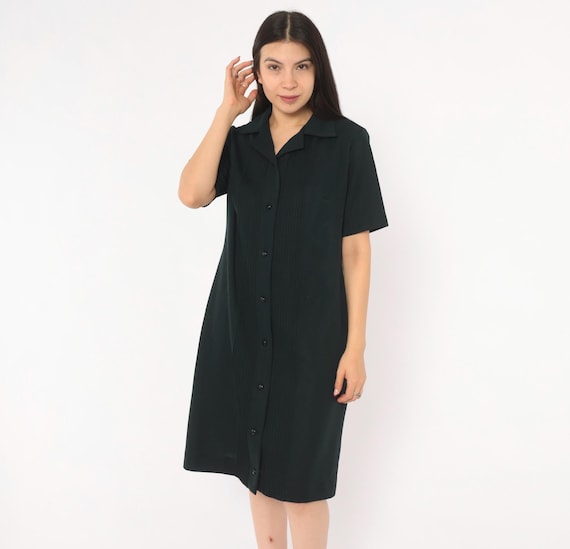 70s Black Pintuck Shirt Dress Button Front Notched Collar Short Sleeve Knee Length A Line Dark Minimalist Shirtdress Vintage Large L