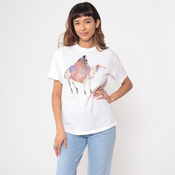 Carol Grigg Lost Tribes 90s White Tshirt Vintage Short Sleeve Crew Neck Watercolor Horse Art Equine Western Nature Painting Artworks Medium