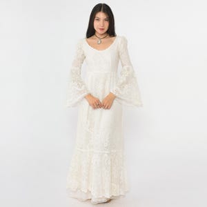 Vintage 70s White Lace Dress Angel Bell Sleeve Bohemian Wedding Party Hippie Boho High Waist Formal Prom Festival Hippie Extra Small xs