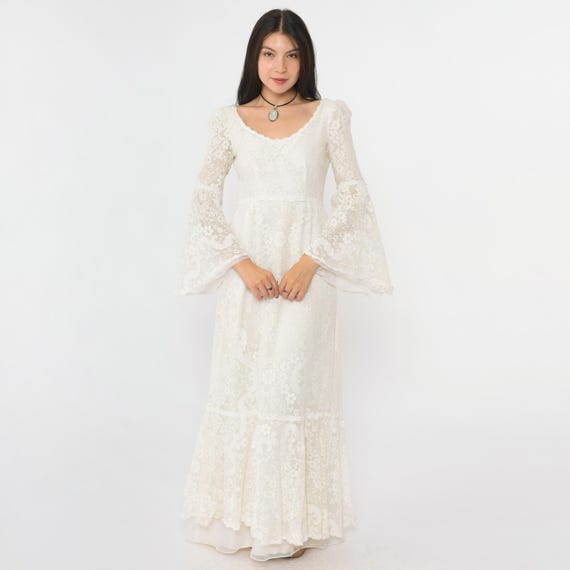 Vintage 70s White Lace Dress Angel Bell Sleeve Bohemian Wedding Party Hippie Boho High Waist Formal Prom Festival Hippie Extra Small xs