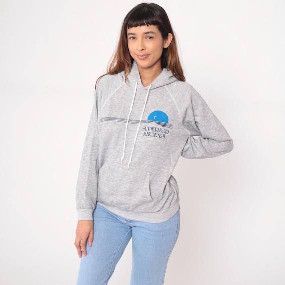 Superior Shores Hoodie 90s Gray Cotton Pullover Sweatshirt Drawstring Hood Kangaroo Pocket Vintage  Streetwear University Normcore Large L