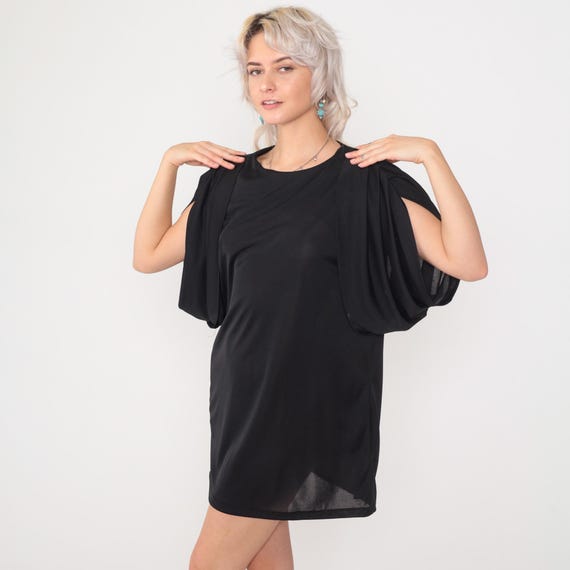 Vintage Black Mini Dress 80s Draped Sleeve Avant Garde Shift Mini Dress Cap Sleeve Party Dress 1980s Retro Dress Plain Dress Ruched Medium M