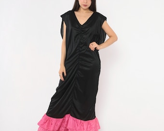 80s Avant Garde Black Maxi Dress Pink Ruffle Cowl Open Back V Neck Tie Back Fuchsia Flamenco Long Evening Party Gown Vintage Extra Large XL