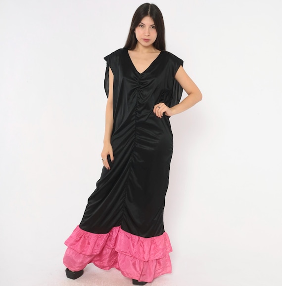 80s Avant Garde Black Maxi Dress Pink Ruffle Cowl Open Back V Neck Tie Back Fuchsia Flamenco Long Evening Party Gown Vintage Extra Large XL