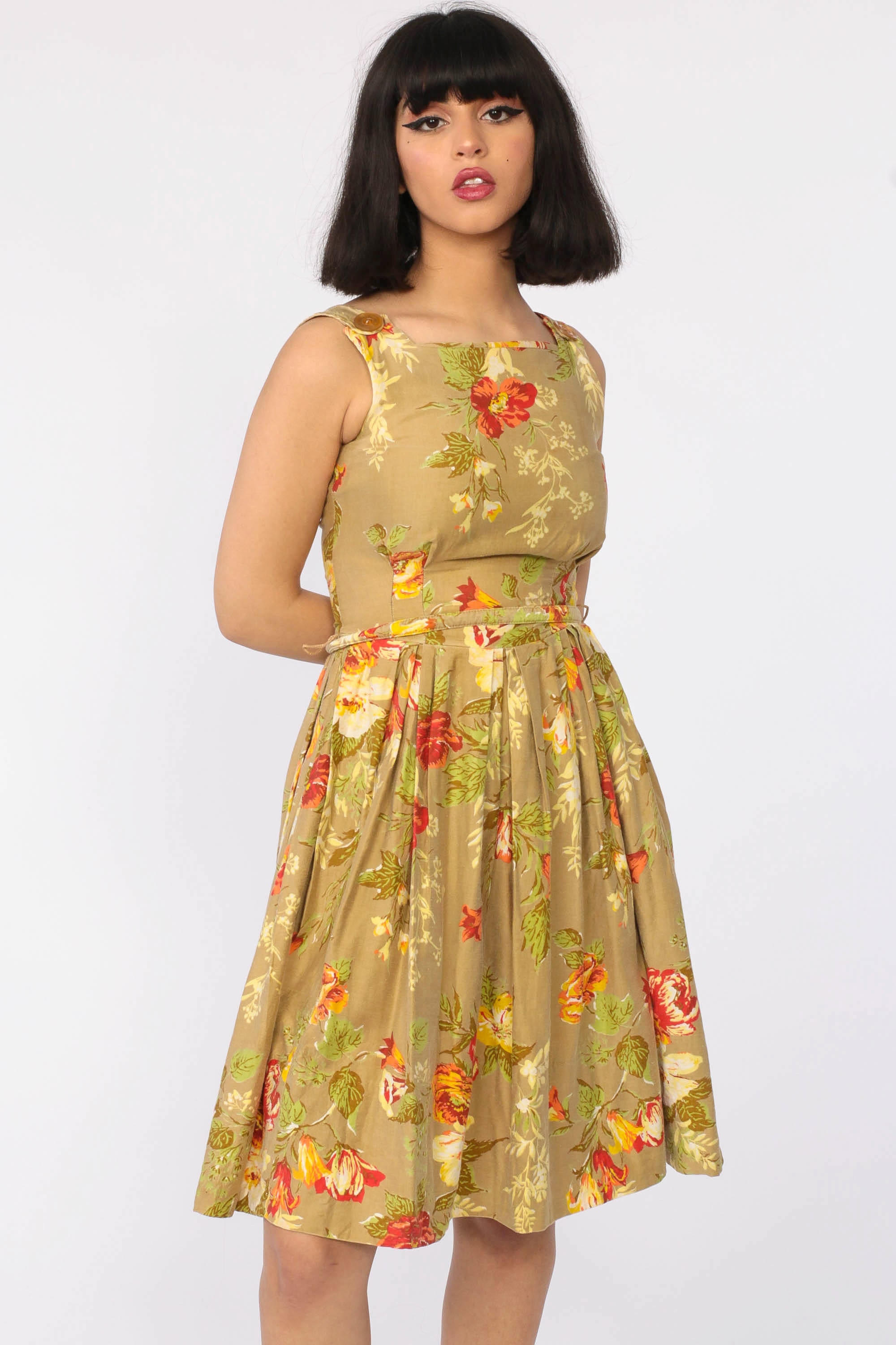 1960s Floral Dress Pleated Dress Mad Men 60s Cotton Day Dress 50s Dress Vintage Garden Party Sleeveless Knee Length Extra Small Xs