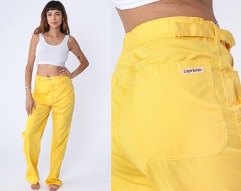 Bright Yellow Pants 80s High Waisted Rise Pants Straight Leg Retro Trousers Slacks Vintage Belted 1980s Medium 30