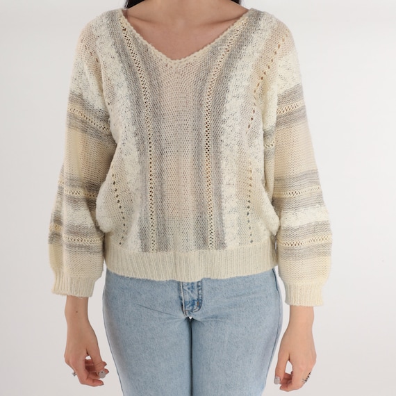 Open Weave Sweater 80s Cream Striped Knit Dolman … - image 6