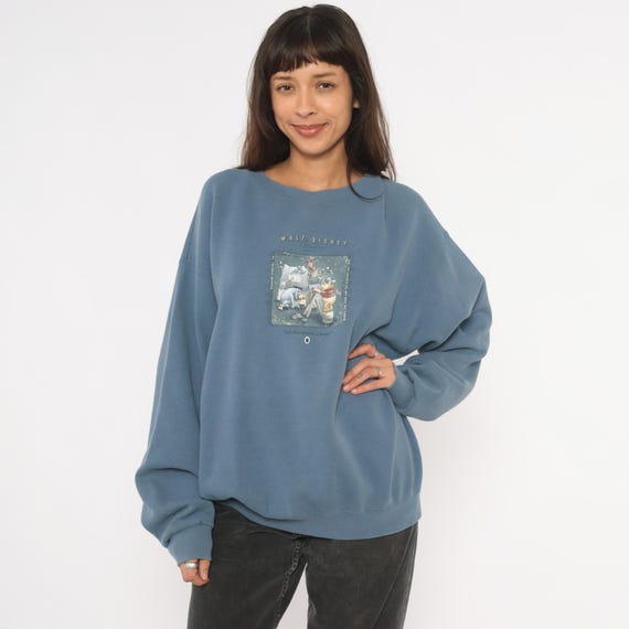 Walt Disney Studios Winnie The Pooh Sweatshirt 90s Crewneck Pullover Slate Blue Cartoon Graphic Print Cotton Crew Neck Vintage Large L