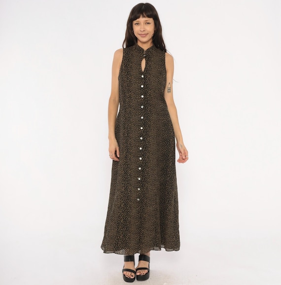 90s Speckled Maxi Dress Sleeveless Button Front Mandarin Collar Keyhole Neckline Black Tan Spotted Print A Line Floor Length Vintage Large L