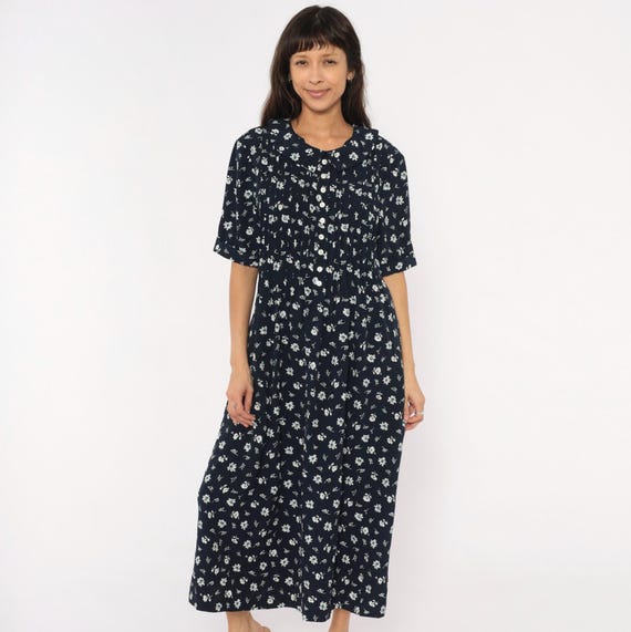90s Navy Floral Midi Dress Peter Pan Collar Pintuck Bodice White Ditsy Print Short Sleeve Prairie Cottagcore Summer Tea Vintage Large L