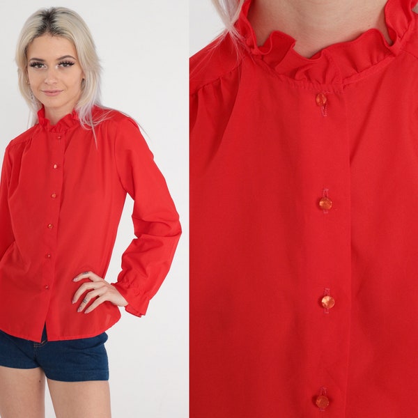 Red Ruffle Blouse 80s Semi-Sheer Button up Shirt High Neck Top Ruffled Retro Secretary Long Sleeve Tuxedo Collar Chic Vintage 1980s Small S