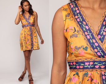 Boho Dress 70s Mini Floral Print Babydoll Dress 1970s Vintage Empire Waist Bohemian Deep V Neck Summer Orange Sleeveless Small Medium