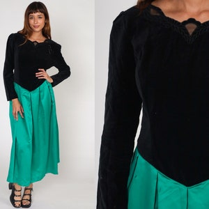 Velvet Party Dress 80s Black Green Maxi Dress Basque Waist Long Sleeve Ankle Length Gown Cocktail Prom Vintage 1980s Satin Medium