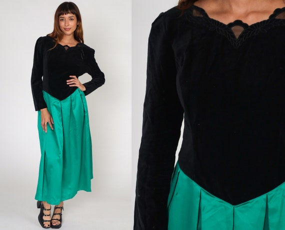 Velvet Party Dress 80s Black Green Maxi Dress Basque Waist Long Sleeve Ankle Length Gown Cocktail Prom Vintage 1980s Satin Medium